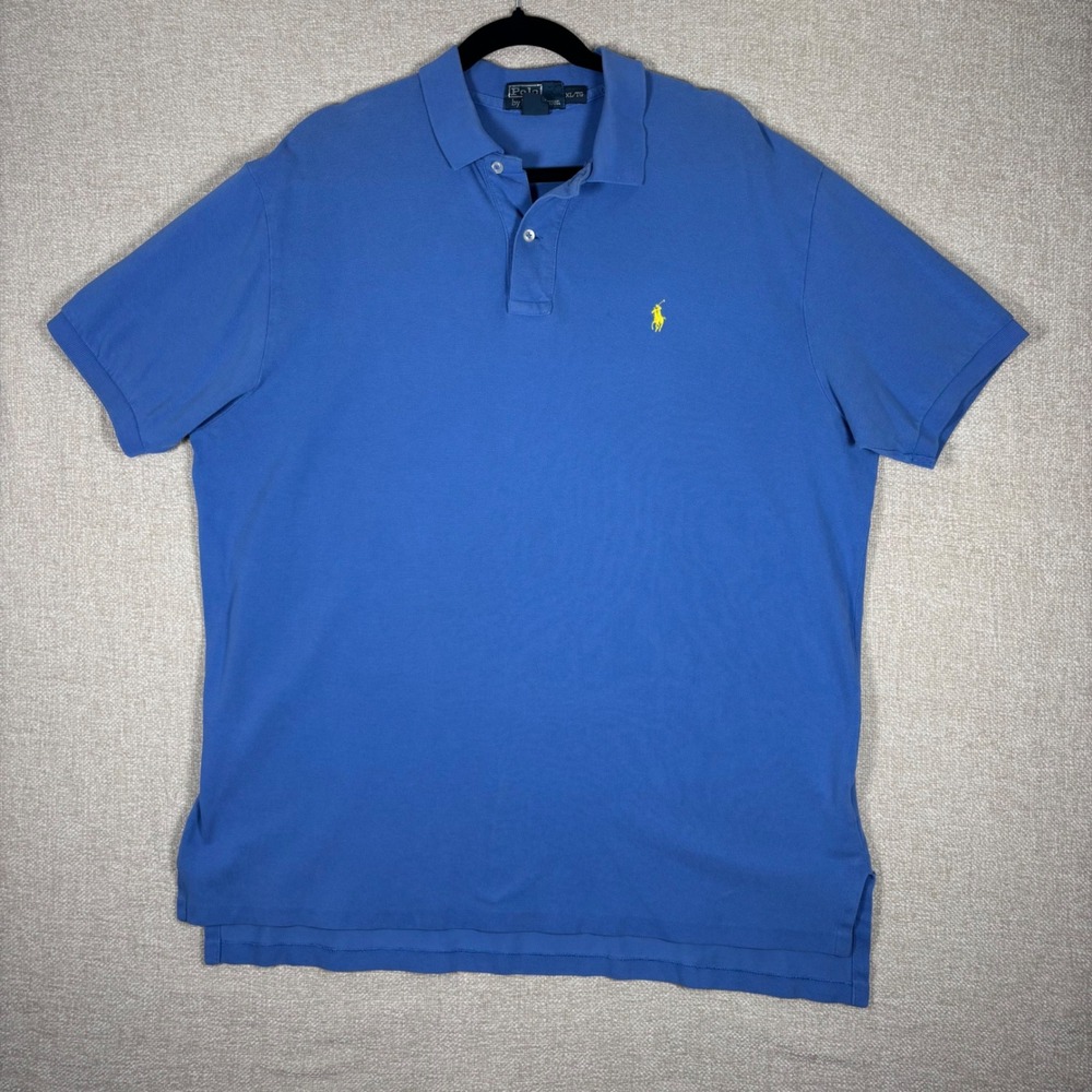 Vintage Polo Ralph Lauren Men XL Blue Cotton Short Sleeve Yellow Pony Polo Shirt